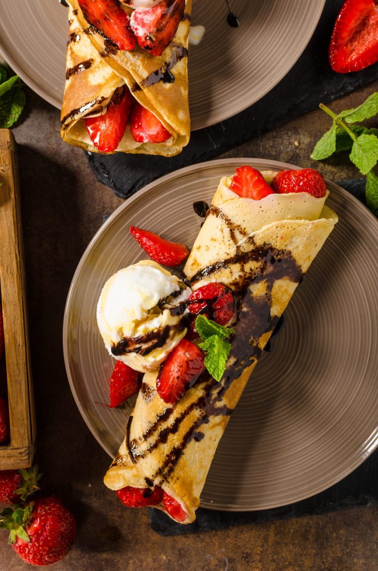 Crêpes with ice cream on a plate